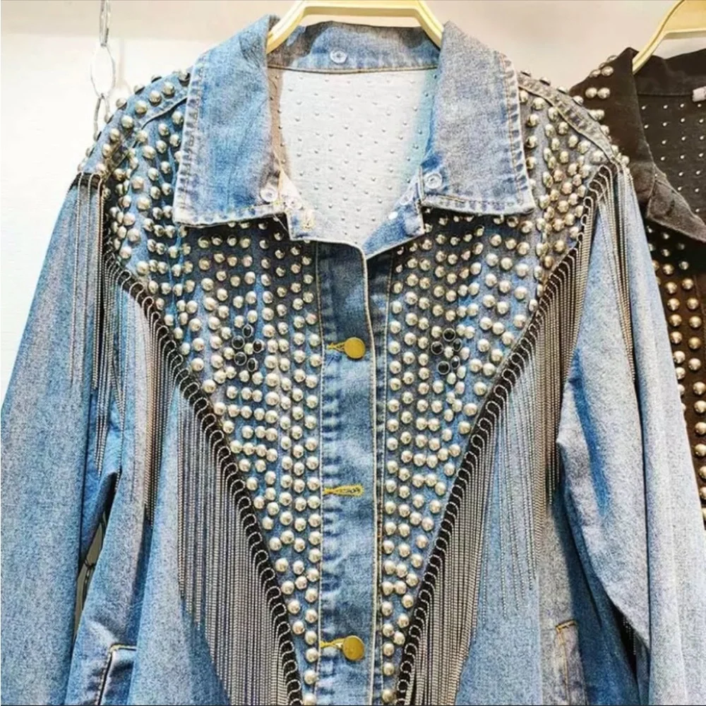 Blue Oversized Studded Chain Fringe Denim Jacket - Picture 3 of 6